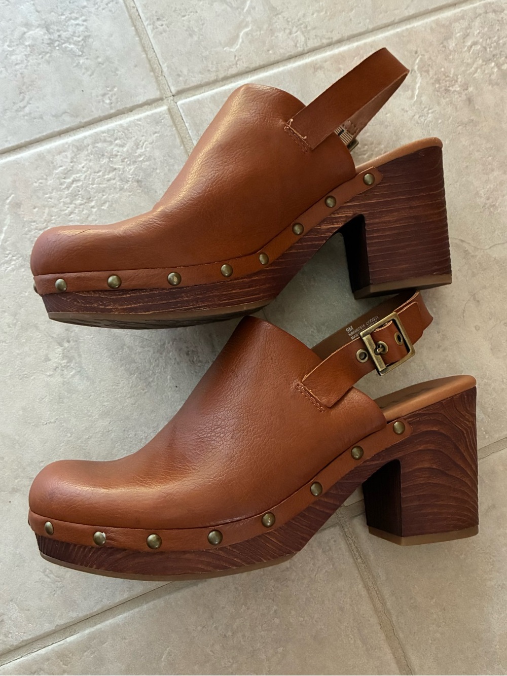 Kork-Ease Tan Leather Studded Wood Heel Clog Mules
